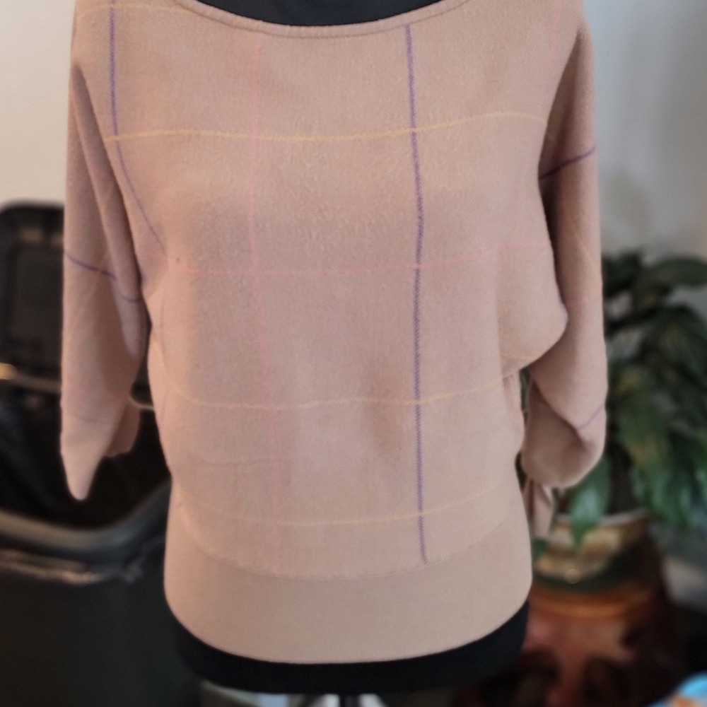 New York & Company 7th Avenue Plaid Batwing Sleeve Tie Cuff Sweater Tan
